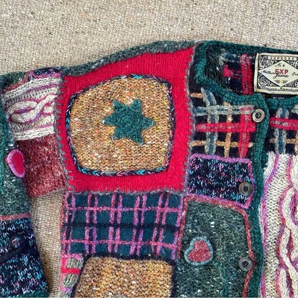 Vtg 90s Y2K Express Chunky Cardi Sweater Patchwork Wool Angora Blend Sz M Boho - Picture 10 of 11